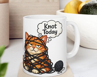 Tasse chat Knot Today, tasse à café amusante en tricot et crochet, tasse en céramique (11 oz et 15 oz)