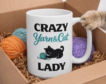 Chat fou et tasse de laine, tasse à tricoter drôle, cadeau pour les crocheteurs et les mamans de chat
