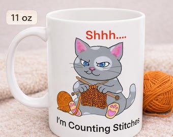 Mug chat comptant les points, mug tricot drôle, cadeau mug au crochet, tasse à café amateur de fil, cadeau tricot, mug en céramique 11 oz 15 oz