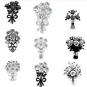 Pode incluir: Uma coleção de nove designs de buquês de rosas em preto e branco. Os buquês variam em estilo, alguns com laços e outros com caules amarrados. O texto na parte superior diz "SVG, JPG, PNG, EPS, PDF" e na parte inferior, "40 Different Rose bouquet".