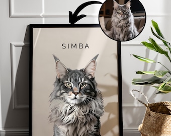 Op de afbeelding: Een ingelijst portret van een Maine Coon kat genaamd Simba. Het kunstwerk toont een gedetailleerde illustratie van de kat met grijs en zwart haar, groene ogen en opvallende oren. Een kleinere cirkelvormige afbeelding van de kat is ook inbegrepen.