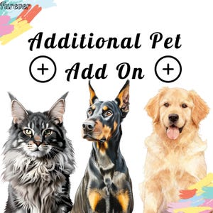 May include: An illustration featuring a Maine Coon cat, a Doberman Pinscher, and a Golden Retriever. The text "Additional Pet Add On" is displayed above the animals, with a plus sign on either side.
