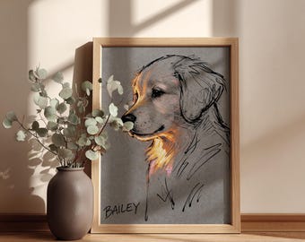 May include: A framed sketch of a golden retriever dog in profile, with the name "Bailey" written below. The artwork is in a light wooden frame, set against a gray background. A vase with greenery is to the left.
