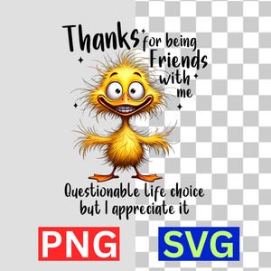 Puede incluir: Imagen de un pollito amarillo de dibujos animados con una gran sonrisa y alas extendidas. El texto dice: "Gracias por ser mis amigos. Cuestionable elección de vida, pero lo aprecio." Debajo están las palabras "PNG" y "SVG" en cuadros.