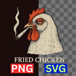 Puede incluir: Ilustración de una cabeza de pollo con un cigarrillo en el pico, exhalando humo. El pollo tiene una cresta y una barbilla rojas. El texto "FRIED CHICKEN" está debajo, con "PNG" en un cuadro rojo y "SVG" en un cuadro azul.