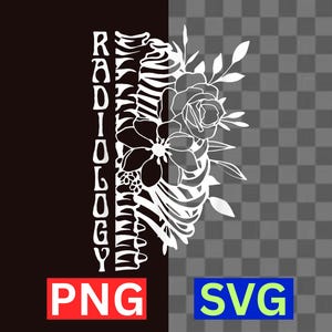 Könnte beinhalten: Schwarz-weißes Grafikdesign mit dem Wort „RADIOLOGY“ vertikal, neben einem stilisierten Brustkorb und floralen Elementen. Das Bild enthält den Text „PNG“ in einem roten Rechteck und „SVG“ in einem blauen Rechteck.