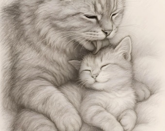 Mother Cat and Kitten Wall Art Printable • Cozy Pencil Sketch • Cat Lover Gift • Digital Download