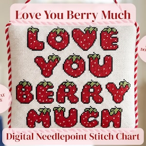 Puede incluir: Una pieza de punto de cruz cuadrada sobre tela crema con el texto Love You Berry Much en letras rojas con estampado de fresas. El borde es un cordón trenzado rojo y blanco. Aparece el texto Love You Berry Much y Digital Needlepoint Stitch Chart.