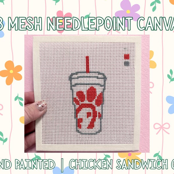 Chicken Sandwich Cup Needlepoint Canvas | Preppy Drink Canvas Pattern | Hand Painted | 13 Mesh | 18 Mesh