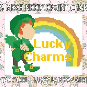 May include: A digital needlepoint chart featuring a pixelated leprechaun blowing a rainbow. The words "Lucky Charms" are in yellow, with the text "18 Mesh Needlepoint Chart" and "Digital Chart | Lucky Rainbow Cereal" also displayed.