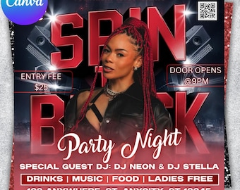 Plantilla de flyer para fiesta en el club Spin the Block, flyer para evento de DJ Red Street Vibes, póster editable para actuación de DJ, diseño moderno para fiestas nocturnas.