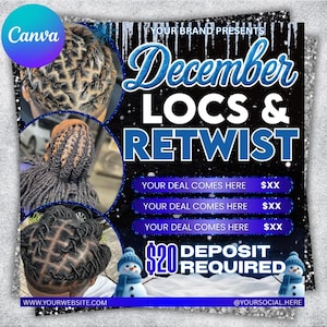 Op de afbeelding: Een promotionele afbeelding voor december locs en retwist services. Het ontwerp toont afbeeldingen van loc-stijlen, met de tekst "December LOCS & RETWIST" in blauw en wit. Inclusief een aanbetaling van €20.