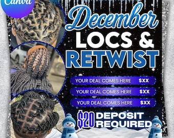 Folleto de rastas y retoques, plantilla de reservas navideñas, ofertas especiales de cabello en diciembre, trenzas navideñas del Grinch, folleto para estilistas de rastas, editable en Canva