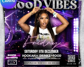 Bewerkbare Good Vibes Friday-feestflyers, PSD-flyers, sjablonen voor nachtclubflyers, DJ- of muziekclubevenementen voor sociale media