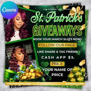 May include: A promotional flyer for St. Patrick's Day giveaways. The design features a green and black background with gold accents, shamrocks, and a pot of gold. Text includes "St. Patrick's Giveaways" and calls to action.