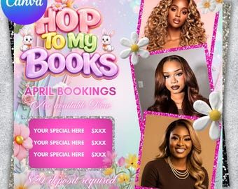 Folleto de reserva de abril, maquillaje, cabello, pestañas, uñas, folleto de reserva de Pascua, folleto de primavera, folleto de reserva de salón, plantilla editable de Canva de abril.