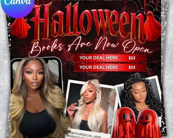 May include: A Halloween-themed promotional graphic with the text "Halloween Books Are Now Open." The design features images of women with long hair, red ghost decorations, and a dark red and black background.