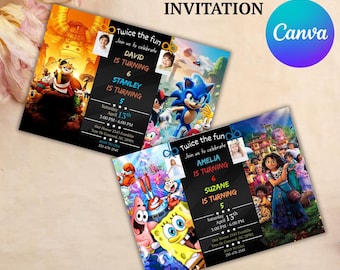 Invitación de cumpleaños editable para hermanos, invitación de cumpleaños doble, invitación doble para gemelos, invitación doble para niño y niña, editable con Canva