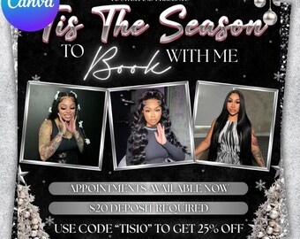 Folleto de reservas para diciembre: Navidad, vacaciones, citas, peluquería, pestañas, maquillaje (plantilla Canva para hacer tú mismo)