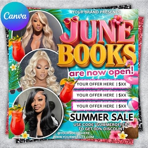 May include: A digital flyer featuring three circular portraits of individuals with different hairstyles, red cocktails, tropical palm leaves, and pink flamingo graphics. Text includes YOUR BRAND PRESENTS JUNE BOOKS are now open! SUMMER SALE.