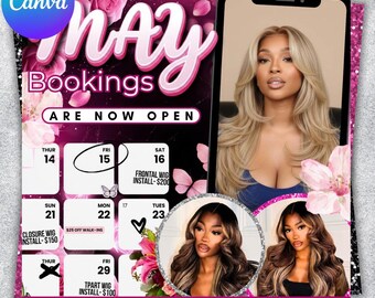 Folleto de reservas de mayo, Folleto de reservas para el Día de la Madre, Peluquería de mayo, Reservas abiertas para mayo, Folleto de citas de mayo, Reserva ahora para mayo, Folleto de extensiones de pestañas, uñas, trenzas y pelucas de mayo