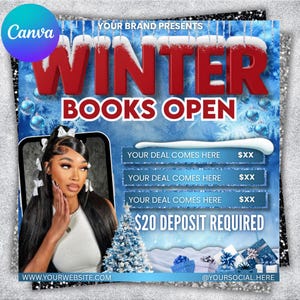 May include: A promotional graphic with a winter theme. The words "WINTER BOOKS OPEN" are displayed in red with a snowy effect. A woman is featured in a phone-shaped frame. The graphic includes text fields for deals and a $20 deposit requirement.