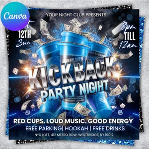 May include: A promotional flyer for a "Kickback Party Night" event. The design features blue Solo cups, dollar bills, and the event's name in large, silver text. The flyer includes details about the event, such as the date, time, and location.
