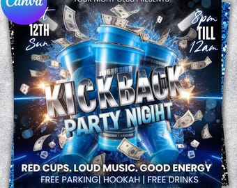 Volante de fiesta Kickback, volante editable de Kickback Club, invitación a fiesta de DJ en club, volante de evento, volante para redes sociales, plantilla de Canva, descarga instantánea