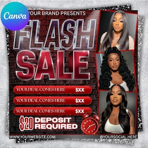 May include: A promotional graphic with the text "FLASH SALE" in large, metallic letters against a brick wall background. The graphic includes images of women with long hair, red price tags, and an alarm clock. The text "DEPOSIT REQUIRED" is also visible.