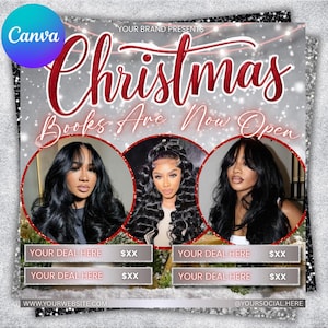 Può includere: Una grafica promozionale con un bordo glitterato argento e nero. Il testo "Christmas Books Are Now Open" è in rosso. Tre volti di donne sono in cornici circolari. Sotto ci sono box di offerte con testo e prezzi segnaposto. Il logo Canva è in alto a sinistra.