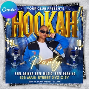 Puede incluir: Un folleto promocional para una fiesta de hookah. El diseño presenta a una mujer con gafas de sol y una chaqueta azul y negra. La palabra "HOOKAH" está en letras doradas grandes. El folleto incluye la fecha, la hora y el lugar del evento.