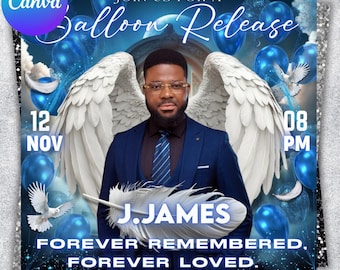 Volante de lanzamiento de globos conmemorativos / Volante funerario / Volante conmemorativo / Plantilla RIP / Plantilla conmemorativa / Editable con Canva, Solo azul