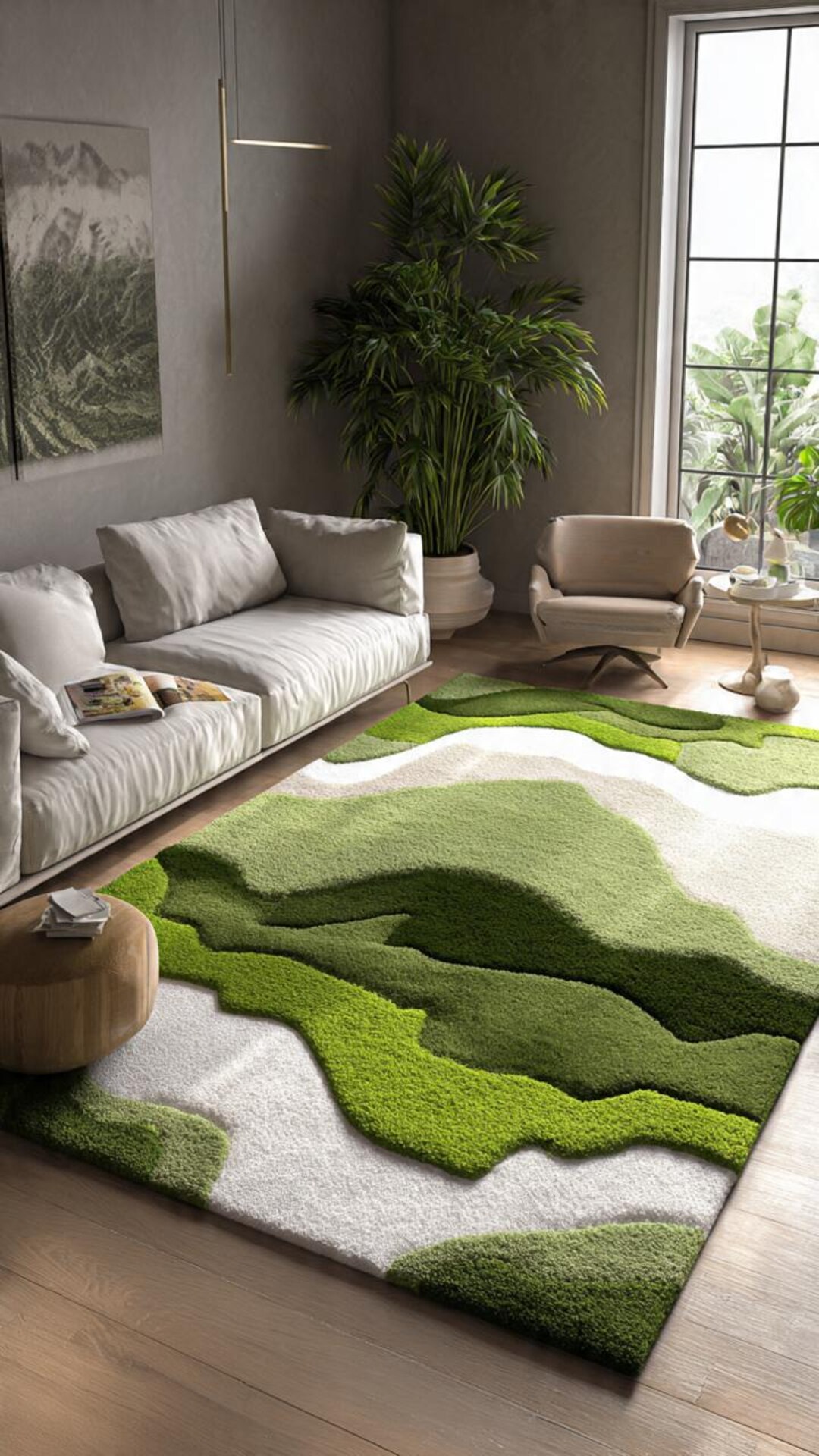 Hand Tufted Abstract Wool Rug Moss Green Ivory High Low Pile Modern ...