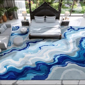 Modern Blue Abstract Marble Area Rug, Ocean Wave Inspired Carpet, Luxury Large Living Room & Bedroom Rug, Contemporary Designer Rug