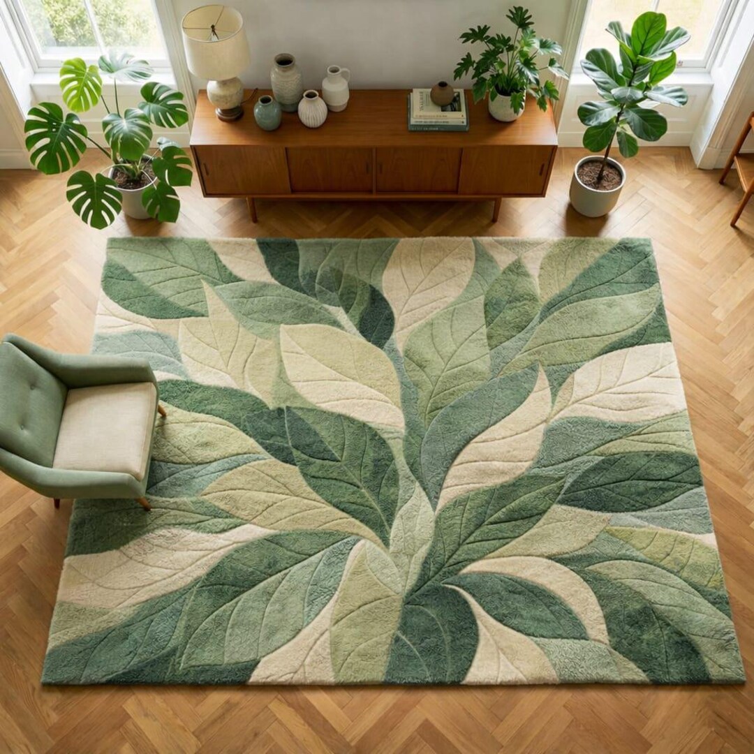 Abstract Leaf Pattern Area Rug Leaf Pattern Area Rug, Sage Green Botanical Rug, Hand Tufted Wool Rug ...