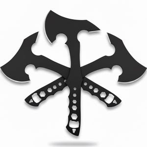 May include: A symmetrical arrangement of three black axes with silver blades. The axes are designed with cut-out handles and a unique blade shape. The axes are displayed against a white background, creating a striking contrast.