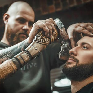 May include: A barber using a decorative axe to style a client's hair. The axe has a wooden handle with etched designs and metal accents. The client has a full beard and is looking up.