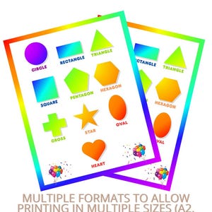 May include: Two educational posters showing colourful geometric shapes, including circles, squares, and triangles. The posters have a rainbow border and the word "SHAPES" at the top. Text at the bottom indicates multiple print sizes are available.