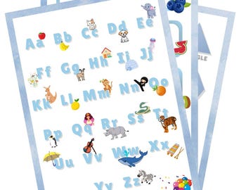 Blue Alphabet Numbers Shapes Posters, printable wall art for kids, educational nursery and home learning bundle digital download -A2 & 16x20
