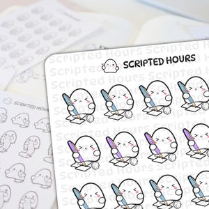 Puede incluir: Hoja de pegatinas para planificador con un simpático personaje blanco con un bolígrafo, escribiendo en un trozo de papel. Las pegatinas tienen un contorno negro y están etiquetadas como "Scripted Hours". Hojas adicionales de pegatinas con diseños similares son visibles.