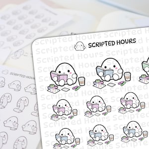 Puede incluir: Hojas de pegatinas blancas con personajes de dibujos animados leyendo libros, tazas de café y artículos de papelería. El texto "Scripted Hours" es visible. Pegatinas para planificadores y diarios.