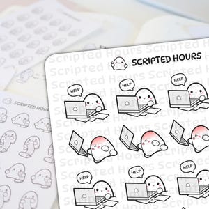 Puede incluir: Hojas de pegatinas blancas para planificador con un simpático personaje fantasma usando un portátil. Las pegatinas tienen el texto "Scripted Hours" y burbujas de diálogo "HELP". Se ven hojas de pegatinas adicionales.