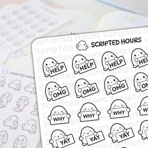 Puede incluir: Hojas de pegatinas blancas con personajes de fantasmas de dibujos animados que sostienen carteles con frases como "HELP", "OMG", "WHY" y "YAY". Las pegatinas son de "Scripted Hours".
