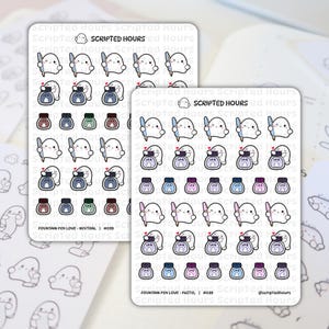 Puede incluir: Dos hojas de pegatinas con ilustraciones de fantasmas con bolígrafos y tinteros. El texto "Scripted Hours" y "Fountain Pen Love" son visibles. Una hoja tiene colores neutros, la otra pastel. Las hojas de pegatinas están sobre un fondo blanco.