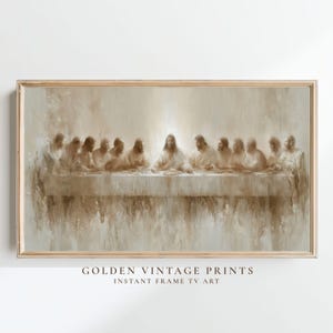 Puede incluir: Una impresión de arte mural rectangular horizontal que representa La Última Cena en un tono sepia monocromático. La escena muestra una figura central sentada a una mesa larga rodeada de doce personas, todo con pinceladas suaves y pictóricas.