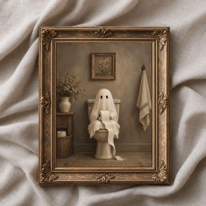 Pode incluir: Uma impressão de arte de parede emoldurada apresentando um fantasma sentado em um vaso sanitário segurando um rolo de papel higiênico. A cena inclui uma pequena mesa de madeira com um vaso de flores, uma cesta de vime, uma toalha e um quadro.