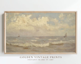 Vintage Ocean Frame TV Art, Neutral Seascape Painting, Antique Wall Decor (Digital Download)