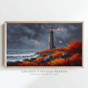 Marco de faro patriótico para TV, pintura de la bandera de EE. UU., paisaje costero melancólico, TV Samsung de otoño (descarga digital)