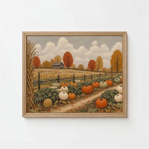 Lámina con diseño de granja de calabazas, pintura rústica de paisaje otoñal, arte mural de cosecha de otoño, decoración imprimible para el Día de Acción de Gracias (descarga digital)
