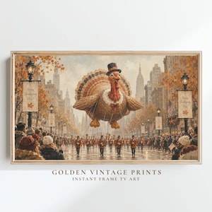 May include: A horizontal art print depicting a large turkey balloon wearing a top hat floating above a city street parade. The scene features a marching band, spectators, and street lamps with banners reading Happy Thanksgiving Day in a city setting.